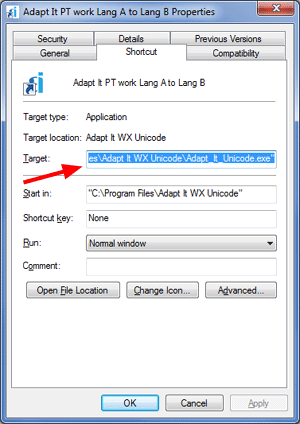 Windows shortcut properties